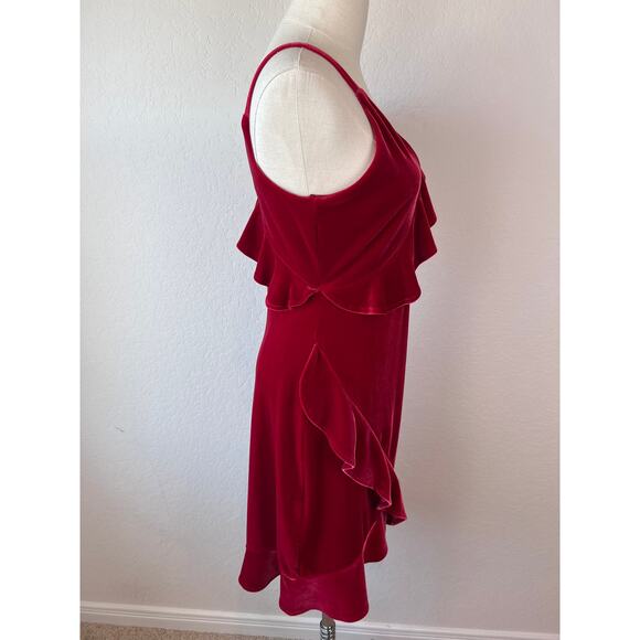 Express Velvet Red One Shoulder Mini Dress Ruffle V Neck size Small Whimsigoth - Picture 10 of 11